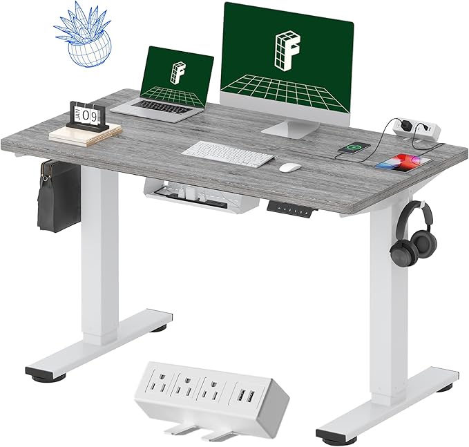 FLEXISPOT EN2 Whole-Piece Standing Desk with Clamp Power Strip, 48 x 24 Electric Stand Up Height Adjustable Desk with Cable Management (White Frame + 48" Gray Wood Grain Desktop, 2 Packages)-DeskLoop Office