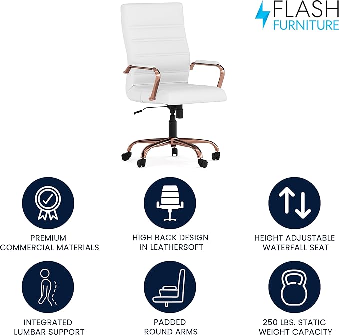 Flash Furniture Whitney High-Back Swivel LeatherSoft Desk Chair with Padded Seat and Armrests, Adjustable Height Padded LeatherSoft Office Chair, White/Rose Gold-DeskLoop Office