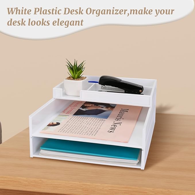 Stackable Letter Tray, 3 Pcs A4 Paper Tray, Desk Document File Organizer Set, Plastic Desk Paper Tray Organizer for A4 Paper Magazine, Receipts, Office Supplies,White-DeskLoop Office