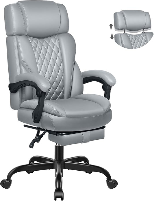 Executive Leather Office Chair, Big and Tall Desk Chair with Footrest Home Office Desk Chairs, Ergonomic Computer Desk Chair with Lumbar Support, Reclining Chair with Adjustable Angle-DeskLoop Office