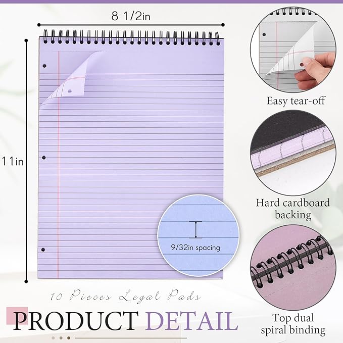 10 Packs 8. 5 x 11 in Top Bound Spiral Notebook 3 Hole Punched Legal Pads with Lined Page, 50 Sheets Per Pad, Hard Cardboard Paper College Ruled Notepad for Office School (Morandi Colors)-DeskLoop Office