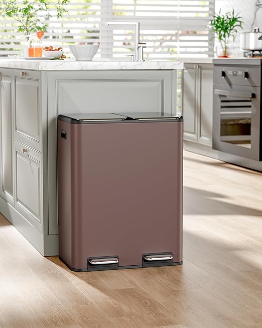 16 Gal (2 x 30 L) Dual Trash Can, Stainless Steel Kitchen Garbage Bin, Recycle Dustbin with Odor Control Box, Soft-Close Lid, Inner Buckets, Side Handle, Step Pedal, for Home Office-DeskLoop Office