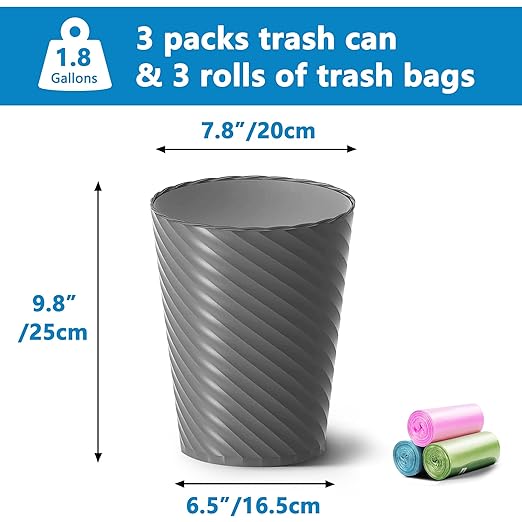 Bathroom Trash Can, 3 Pack 1.8 Gallons Small Trash Can with Trash Bags, Bathroom Garbage Can, Plastic Trash Bin, Round Waste Basket for Bedroom, Office, Room (White Black Grey)-DeskLoop Office