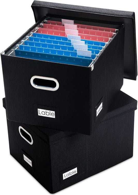 PRANDOM File Organizer Box - Set of 2 Collapsible Decorative Linen Filing Storage Hanging File Folders with Lids Office Cabinet Letter/Legal Size Black (17x14x11.2 inch)-DeskLoop Office