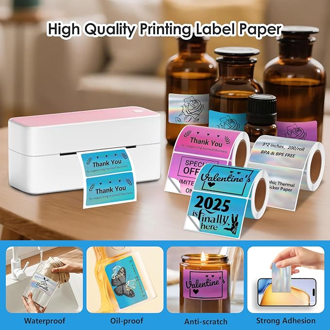 3x2'' Holographic Thermal Labels,3 Rolls Square Label Sticker for Phomemo 241BT for MUNBYN 130B/RW402B Printer,600Pcs Waterproof Label Paper for Address/Logo/Barcode/Price/Thanks-DeskLoop Office