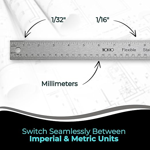 NOKKO 18 Inch Metal Ruler with Cork Backing, Pack of 10 - Flexible Stainless Steel Straight Edge Ruler with Inches and Centimeters, Non-Slip Backing for Precision and Stability-DeskLoop Office