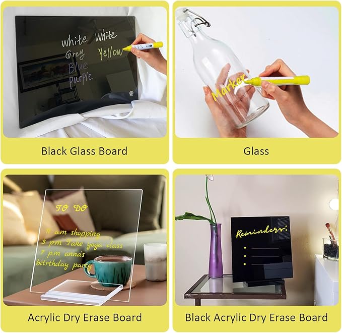 Bright Yellow Dry Erase Markers for Black Glass Board, 2-in-1 Reversible Dual Tip - Bullet & Fine, Easy Clean Grip Liquid Chalk Pens for Acrylic Board, 10 Pack-DeskLoop Office