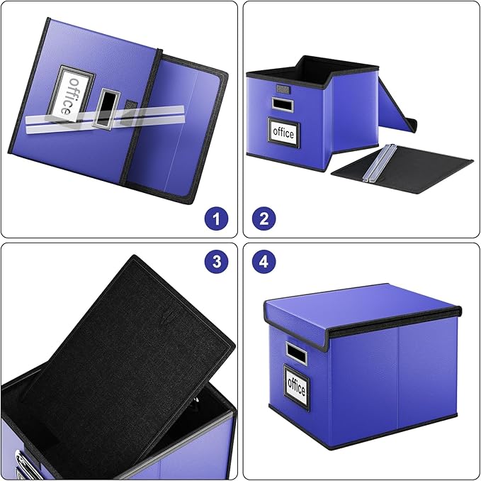 Huolewa File Organizer Box with Lid, Collapsible Leather File Folder Organizer for Office Document Storage, Filing Box with Plastic Slide for Letter/Legal Size Hanging Files,Navy Blue-DeskLoop Office