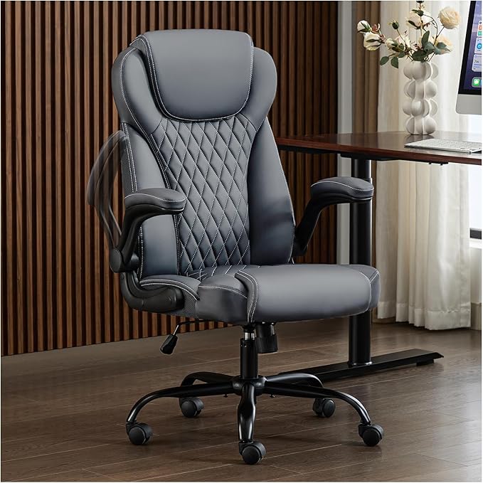 Office Chair, Executive Leather Chair Home Office Desk Chairs, Ergonomic Computer Desk Chair with Adjustable Flip-Up Arms, Lumbar Support Swivel Task Chair with Rocking Function (Gray)-DeskLoop Office
