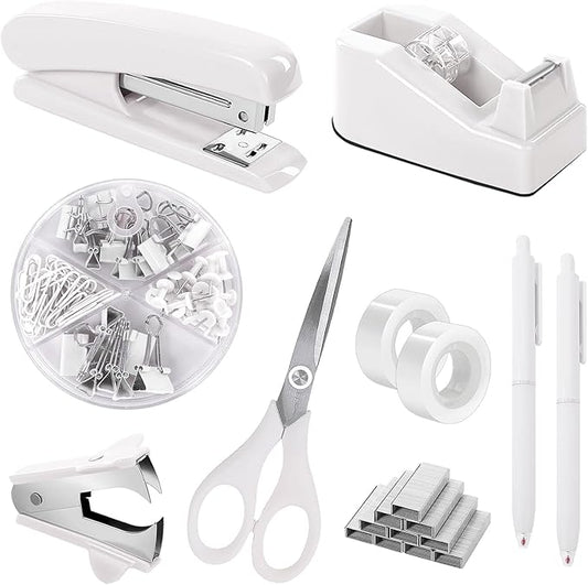SKYDUE White Office Supplies Set, Desk Accessories, Stapler, Tape Dispenser, Scissors, Binder/Paper Clips and 1000pcs Staples, Office Decor for Women-DeskLoop Office