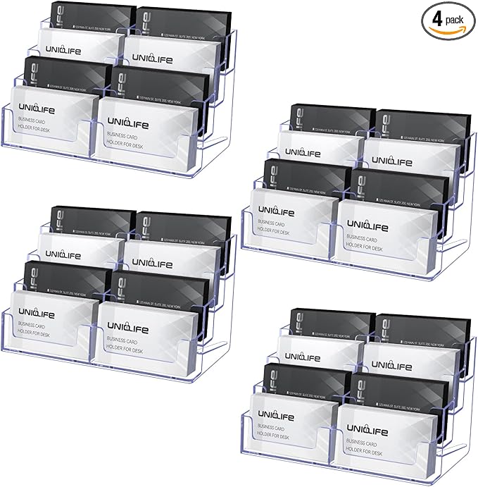 Uniclife 4 Pack Acrylic Business Card Holder for Desk 8 Slots Clear Business Card Display Stand for Men & Women Desktop Business Card Organizer Card Stand for Office Home Exhibition, 480 Card Capacity-DeskLoop Office