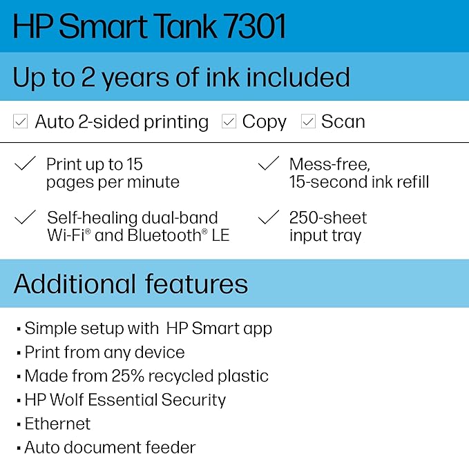 HP Smart Tank 7301 Wireless All-in-One Refillable Ink Tank Printer, Scanner, Copier with 2 years of ink included, Best for home office(28B70A)-DeskLoop Office
