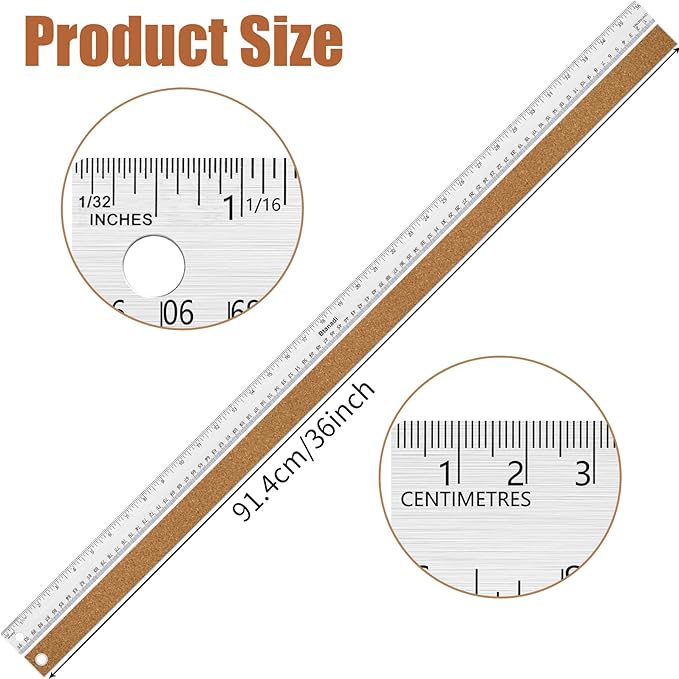 36 Inch Metal Ruler, Stainless Steel Straight Edge Ruler with Cork Backing, Non-Slip Imperial & Metric Measuring Tool for School, Office, Woodworking, Drafting-DeskLoop Office