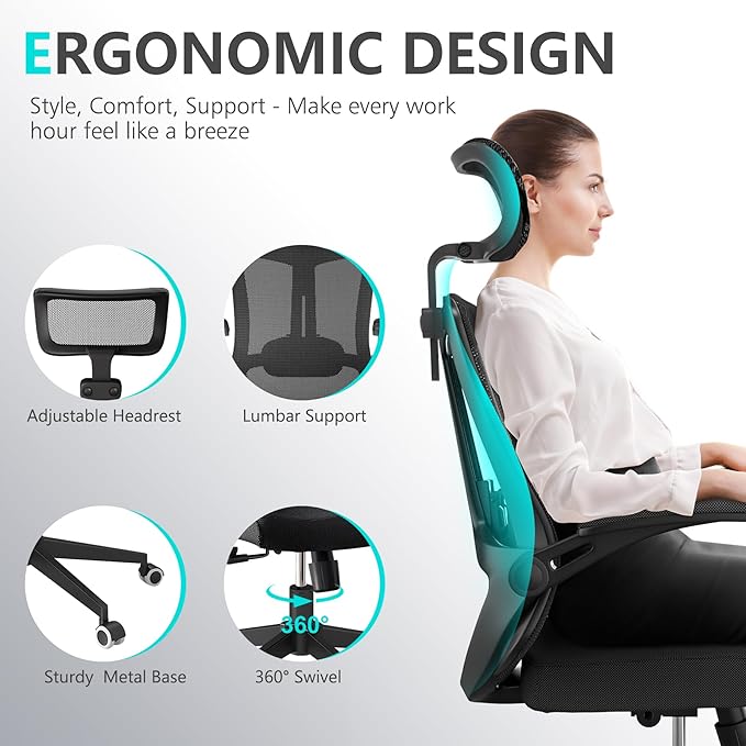 Comfy Office Chair, Home Ergonomic Desk Chairs, High Back Gaming Mesh Computer Chair with Wheels, Lumbar Support, Adjustable Headrest, Flip-up Armrest 350LBS Capacity-DeskLoop Office