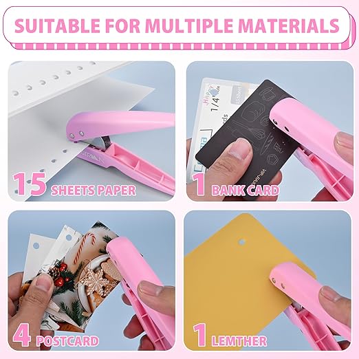 Single Hole Punch, with 30 Pcs Loose Leaf Binder Rings, 1/4" Hole Punches, 50% Labor Savings, Paper Hole Puncher, 15 Sheet Capacity, for Paper Cards Plastic Cardboard, Lightweight, Pink-DeskLoop Office