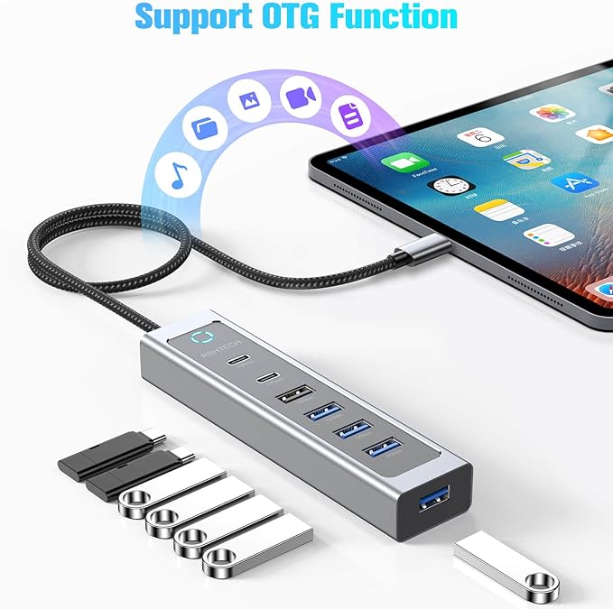 RSHTECH 7-Port USB C Hub Splitter 10Gbps with 3 USB-3.2 (2C + 1A), 4 USB-3.0 Ports and 2ft Long Cable, Aluminum USB-C Hub Multiport Adapters for Laptop and More, RSH-T17C-DeskLoop Office