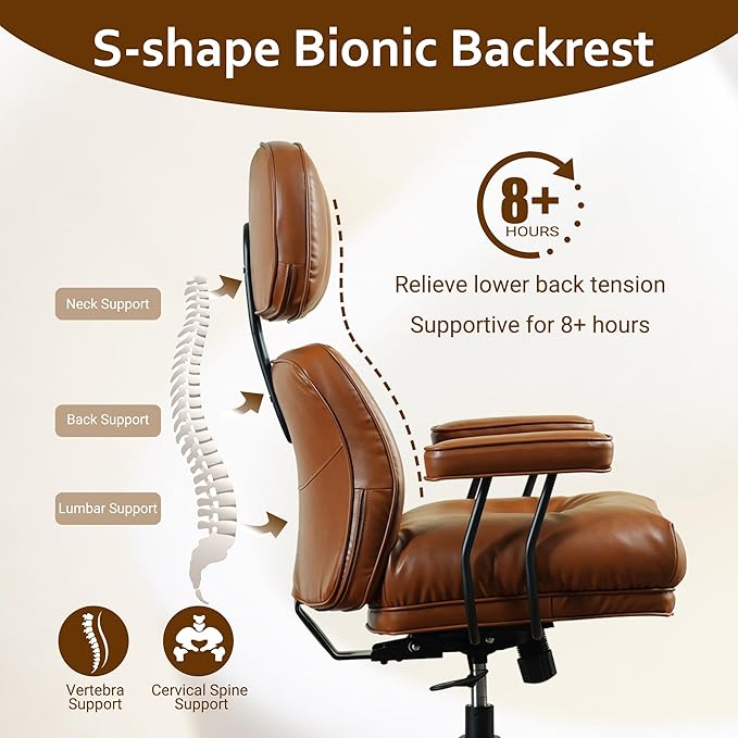 Faux Leather Executive Office Chair - Big and Tall Ergonomic Home Office Chair,Reclining Computer Desk Chair with Lumbar Support,Adjustable Task Chair Swivel Rolling PC Chair with Wheels,Browm,PU-DeskLoop Office
