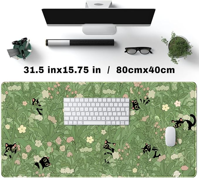 Green Desk Mat XL Cat Cute Plant Cool Desk Pad Keyboard Mat Kawaii Black Cat Flower Mouse Pad Green Desk Mat Desk Decor with Stitched Edges Non-Slip Large Computer Mat 31.5x15.7in-DeskLoop Office