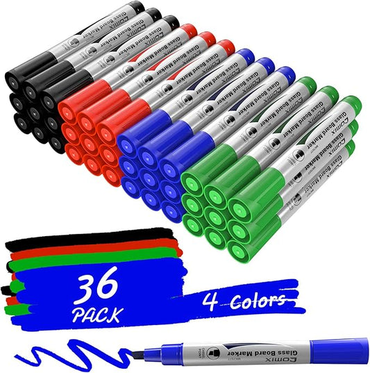 Comix Glass Board Dry Erase Markers, Low Odor Whiteboard Markers, Chisel Tip, 4 Assorted Classic Colors, 36 Pack-DeskLoop Office