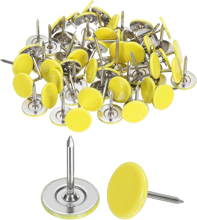 uxcell 150Pcs Upholstery Tacks, 11mmx15mm Flat Head Thumb Tack Decorative Furniture Nails Push Pins for Furniture Sofa Headboards, Light Yellow-DeskLoop Office