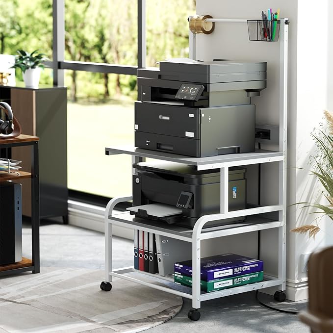 Homieasy Printer Stand with Charging Station, 29.1" x 22.8" Large 3D Printer Table with Filament Storage, Heavy Duty Rolling Printer Cart with 4-Tier Storage for Workshop/Office/Garage, Light Grey-DeskLoop Office