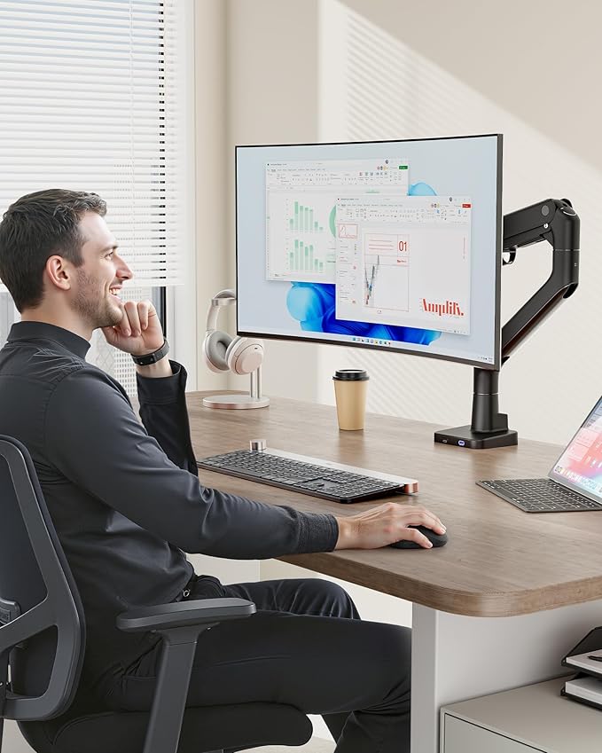 monTEK Single Monitor Arm with USB A/C, Ultrawide Monitor Stand for 17 to 57 Inch Curved Screen, Holds 59.4 lbs, Adjustable Gas Spring Arm, 75/100 VESA Mount, Clamp & Grommet Desk Mount, Black-DeskLoop Office