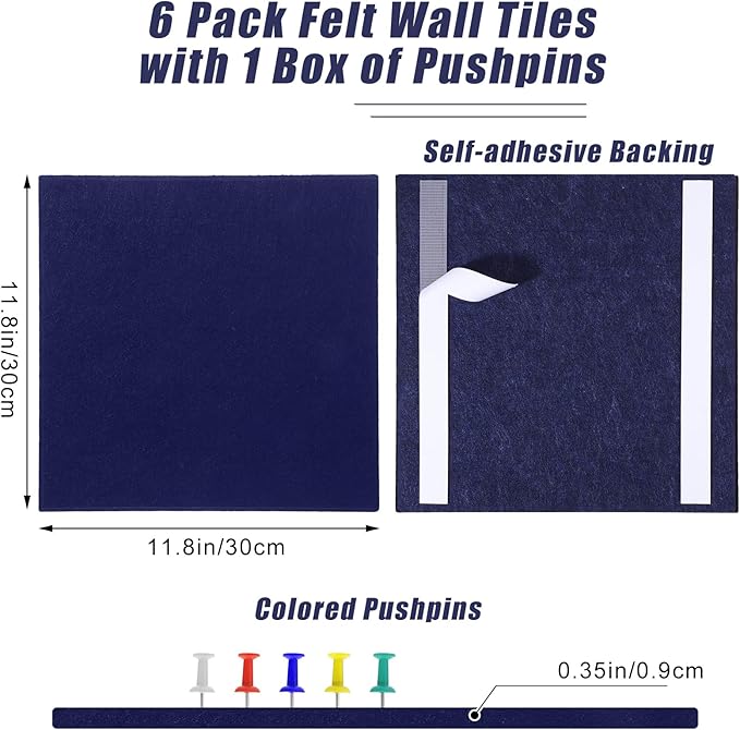 Large Cork Board 36" x 24", 6 Pack Felt Wall Tiles with Colored Pushpins, Bulletin Board with Removable Self-Adhesive Strips, Pin Board Cork Boards for Walls Office Home-Dark Blue-DeskLoop Office