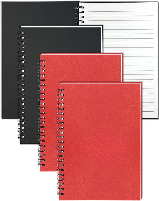 4Pack Small Spiral Notebook A5, 8.25x5.5” 120 Lined Pages Black & Red Wide Ruled Spiral Journal Bulk Blank Kraft Cover Spiral Bound Notebook & Writing Pads for Home Office Meeting Work Note Taking-DeskLoop Office