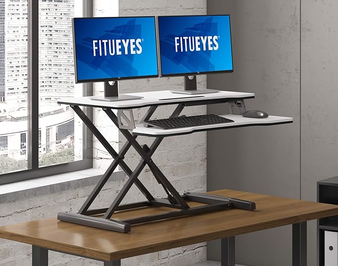 FITUEYES Height Adjustable Standing Desk 32” Wide Sit to Stand Converter Stand Up Desk Tabletop Workstation for Laptops Dual Monitor Riser White SD308003WW-DeskLoop Office