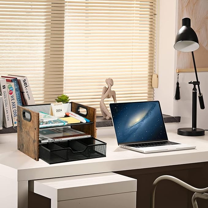 Wood Desk Organizer - 3-Tier Desktop File Organizer with Drawer, Wooden Paper Tray, Office Desk Organzier and Accessories for Papers, Mail, Notebooks, Stationery-DeskLoop Office