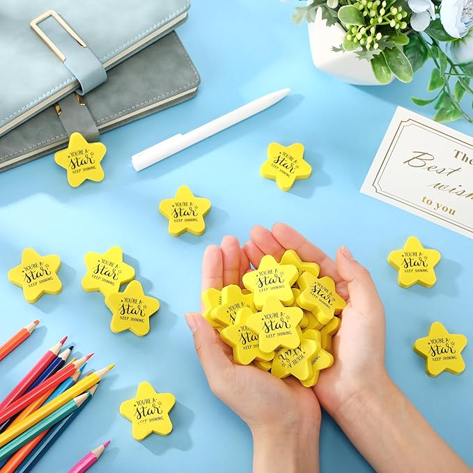 Spakon 50 Pcs Inspirational Star Erasers for Kids Bulk Cute Back to School Erasers 1.57" Fun Eraser for Classroom Prize You're A Star Yellow Motivational Gift for School Student Rewards-DeskLoop Office