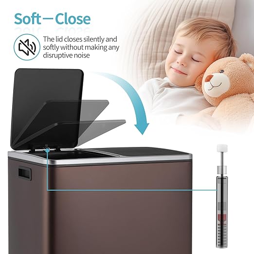 16 Gallon Rectangular Stainless Steel Trash Can, Dual Compartment Garbage Bin with Recycling Combo, Metal Dustbin Lid, Removable Liner, Indoor Hands Free Waste Bucket for Kitchen Home-DeskLoop Office