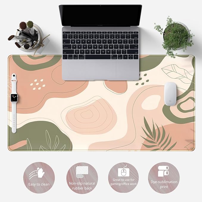Boho Green Cream Desk Mat Boho Kawaii Green Mouse Pad Cute Desk Mat, Large Aesthetic Mouse Pad XL Desk Decor for Women with Stitched Edge Mouse Desk Pad for Keyboard and Mouse Desk Pad, 31.5x15.8in.-DeskLoop Office