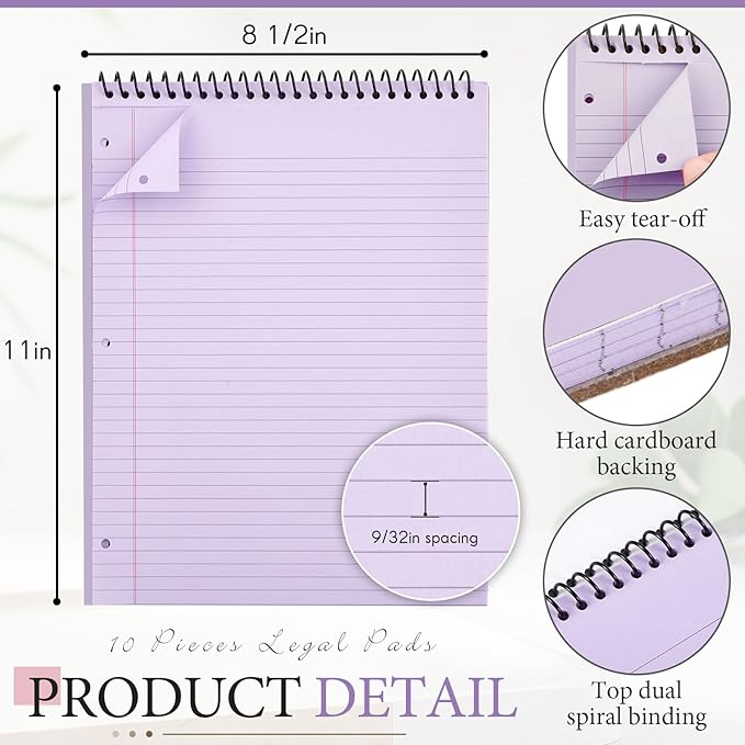 10 Packs 8.5" x 11" Top Spiral Notebook with 3 Hole Punched Legal Pads College Ruled Notepad 50 Sheets Hard Cardboard Paper Wirebound Notepad for Office School Business (Green,Blue,Purple)-DeskLoop Office