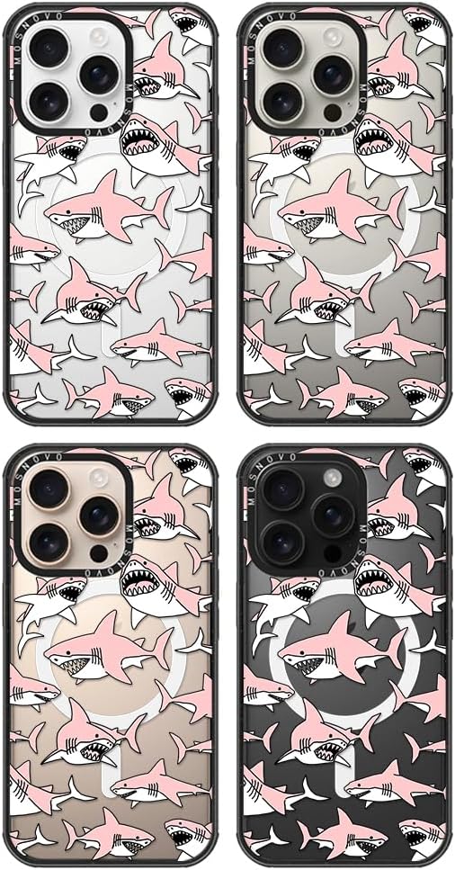 MOSNOVO Magnetic Case for iPhone 16 Pro, 10ft Military-Grade Protection, Compatible with Magsafe, Shockproof Phone Case for iPhone 16 Pro - Pink Sharks - Clear Black-DeskLoop Office