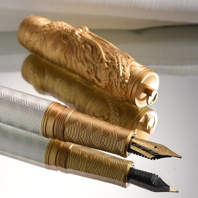 Hongdian A24 Fountain Pen Fine Nib, Snow White & Golden Dragon Stereoscopic Carving Cap Design-DeskLoop Office
