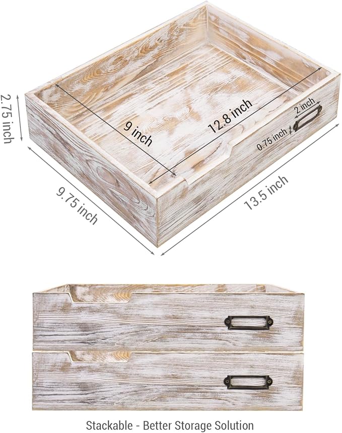 MyGift Rustic White Desktop Letter Tray - Shabby Whitewashed Wood Inbox Holder, Desk Paper File Folder Organizer Box with Metal Label-DeskLoop Office
