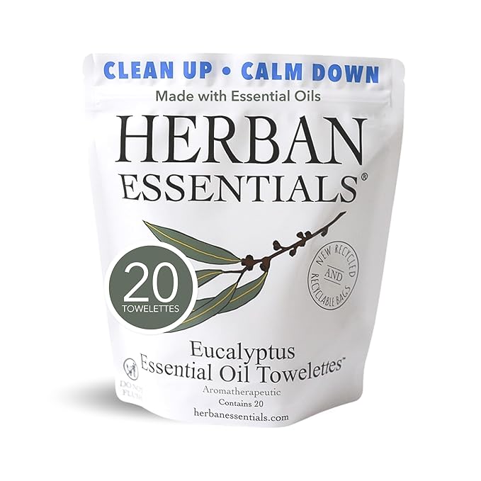 Herban Essentials - Eucalyptus Wipes & Towelettes - Essential Oil Wipes for Hands & Body - Travel Size Essentials and Toiletries - Natural, Individually Wrapped, Disposable & Moist Refresh (20 count)-DeskLoop Office