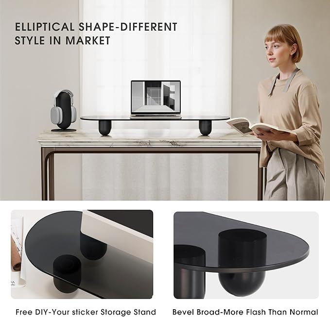 Fenge Monitor Stand Riser, 34 Inch Dual Monitor Riser for Large Monitors, Desk Organizer with Glass Shelf & Solid Wood Legs, Computer Stand for Laptop, TV, PC, Printer, Black-DeskLoop Office