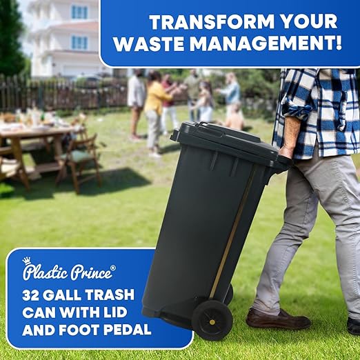 32 Gallon Step-On Large Outdoor Trash Can with Lid and Wheels - Outside Plastic Rolling Garbage Can - Rollout Commercial Heavy-Duty Container Barrel, Gray 2 Pack-DeskLoop Office