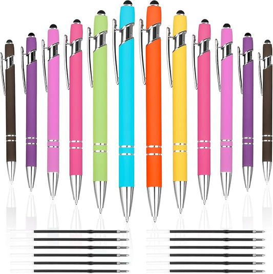 12 PCS 2 in 1 Stylus Ballpoint Pen with Stylus Tip, 1.0 mm Black Ink Metal Pen Stylus Pen for Touch Screens (Silver & Mix - 2)-DeskLoop Office