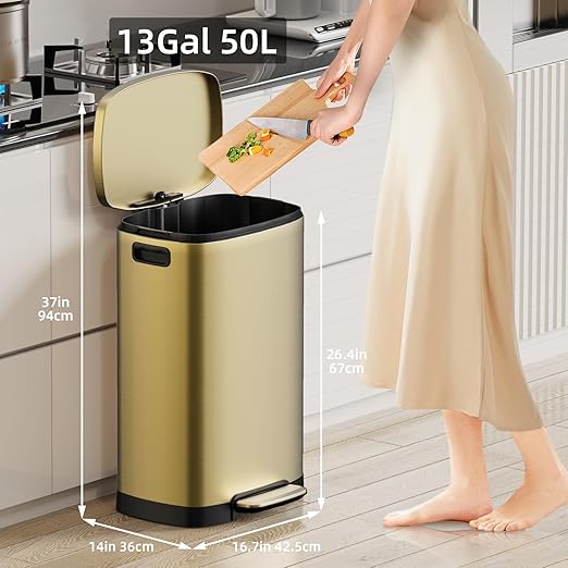 KUK 13 Gallon/50L Stainless Steel Kitchen Trash Can with Lid and Step Pedal-Large Capacity Garbage Bin with Odor Seal, Silent Close Lid, Removable Inner Bucket, Titanium Gold-DeskLoop Office