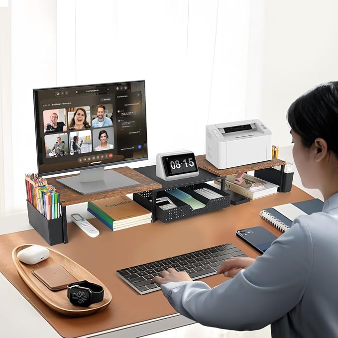 Desk Dual Monitor Stand Riser - Desk Organizer with Drawer and Pen Holders, Office Desk Accessories & Workspace Organization, Computer Monitor Stand for Laptop, Printer, TV, Office Decor, Wood-DeskLoop Office