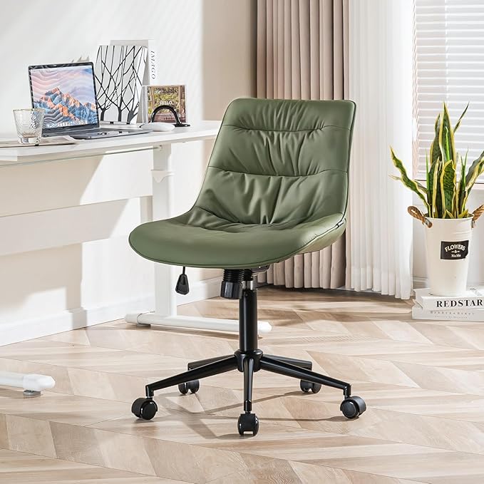 Kidol & Shellder Faux Leather Office Chair, Adjustable Swivel Height Task Chair, Rolling Wheels & Soft Backrest - Armless Ergonomic Desk Chair for Home, Office,Vanity,Gaming(Bean-Green)-DeskLoop Office