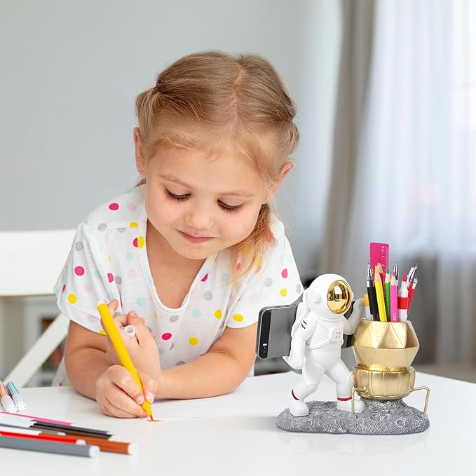 Astronaut Pen Pencil Holder with Phone Stand Resin Spaceman Pencil Holder Desk Pen Holder Organizer Decorative Accessories Suitable Office Classroom Home Creative Gifts for Adults and Kids-DeskLoop Office