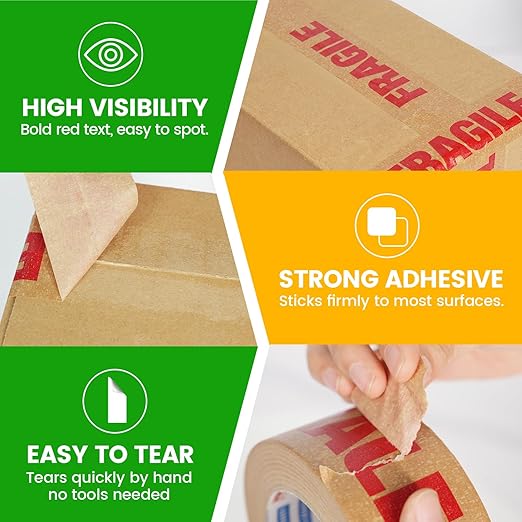 ADHES Fragile Tape, Biodegradable Kraft Paper Tape - 2in x 55yds, 3 Rolls, Strong Adhesive, Eco-Friendly Paper Packing Tape for Shipping & Moving, Heavy Duty Protection for Fragile Items-DeskLoop Office
