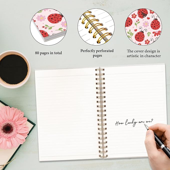 JXREQ Cute Pink Ladybug Floral Notebook Insects Journal for Women Note Taking Writing, Cute School Office Supplies, Preppy Aesthetic Spiral Notebooks 5.5x8.3-DeskLoop Office