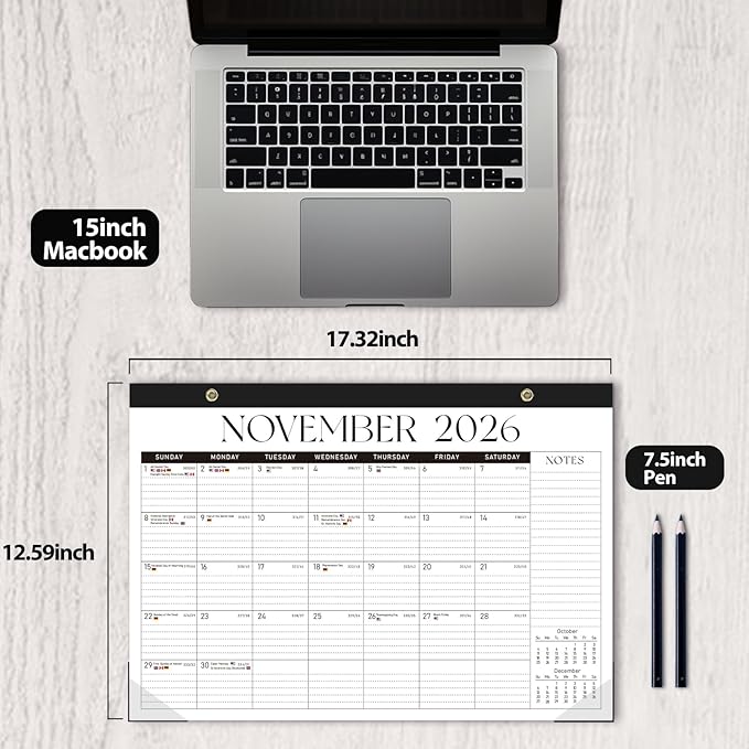 Desk Calendar 2025-2026, Monthly Desktop Large Calendar (July 2025-December 2026) Desk Wall Planner for Family Office Teacher School, 17" x 12" Black-White-DeskLoop Office