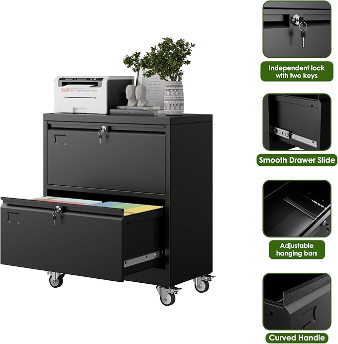 Aobabo 2 Drawer Wide File Cabinet with Wheels, Lockable Metal Filing Cabinet for Home Office, Legal/Letter Size,Black,Required Assembled,15.87" D x 28.94" W x 34" H-DeskLoop Office