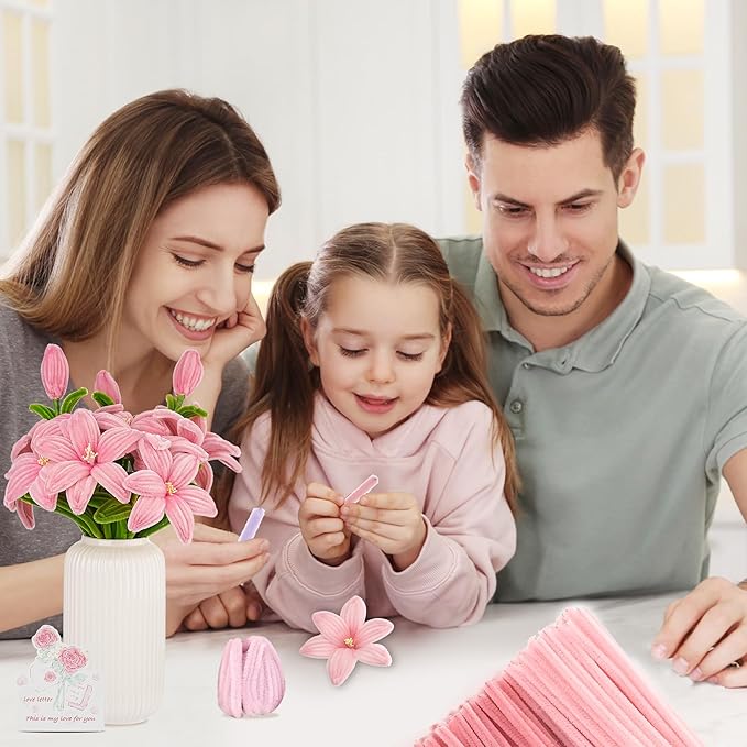 400 Pcs Craft Pipe Cleaners Flowers,4 Colors Chenille Stems Bulk with Floral Wires,Tape,Greeting Card,Bouquet Paper,Hot Glue Stick,Stamen & Ribbon, Holiday Gifts for Women,Men,Teens,Elder-DeskLoop Office